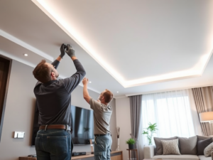 Thợ sửa trần thạch cao chuyên nghiệp đang làm việc trong phòng khách hiện đại với ánh sáng LED sáng tạo, thể hiện kỹ năng tay nghề cao và thiết kế nội thất đương đại