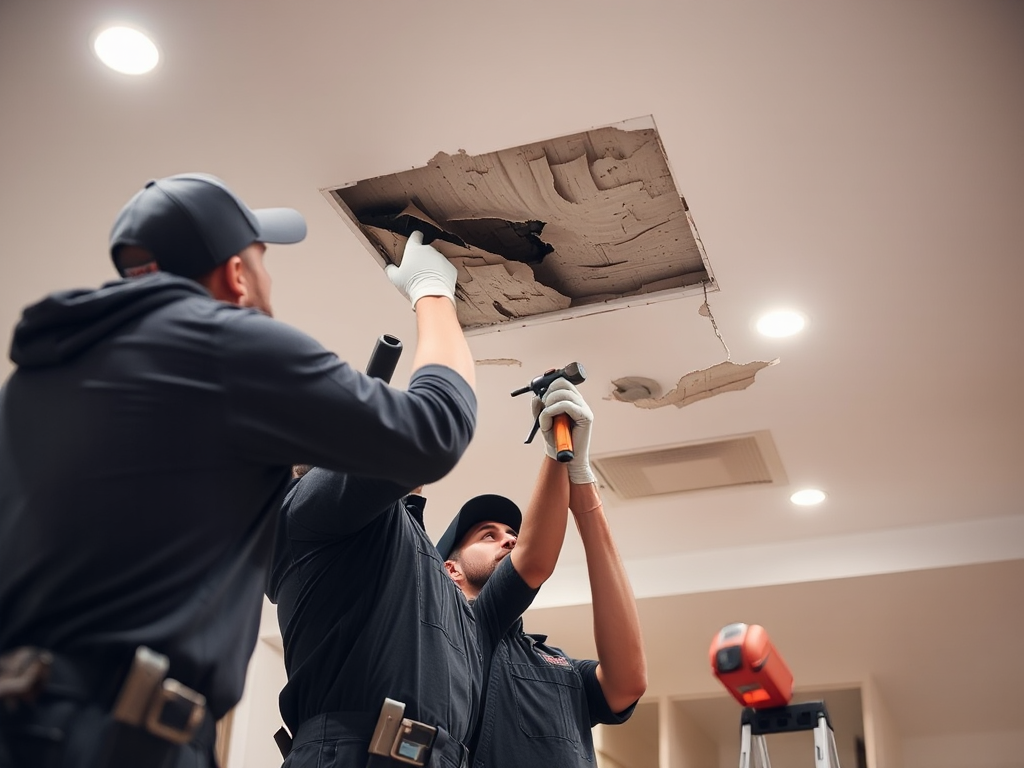 Thợ sửa trần thạch cao đang làm việc chuyên nghiệp với dụng cụ chuyên dụng, sửa chữa các hư hỏng trên trần nhà trong không gian xây dựng hiện đại