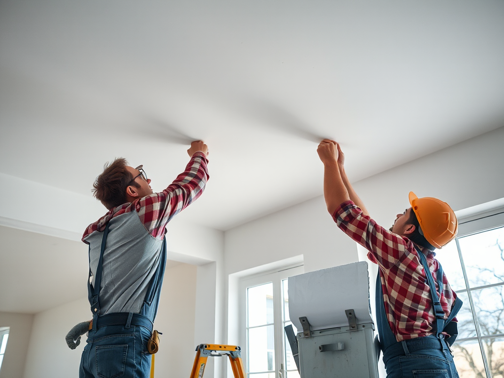 Thợ sửa trần thạch cao đang làm việc trong nhà hiện đại, tập trung vào chi tiết kỹ thuật, ánh sáng tự nhiên, không gian xây dựng chuyên nghiệp