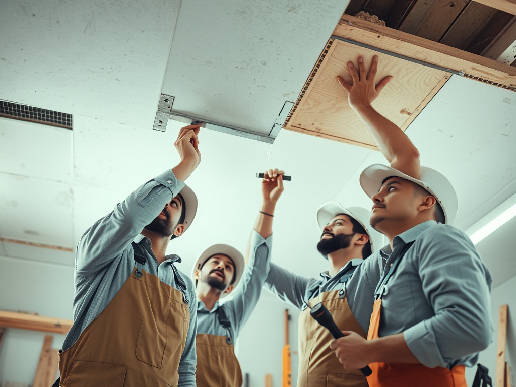 Thợ sửa trần thạch cao đang làm việc với dụng cụ chuyên nghiệp trong xưởng sửa chữa, ánh sáng rõ ràng tập trung vào chi tiết kỹ thuật thi công trần thạch cao