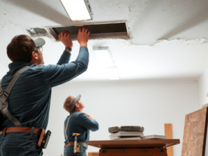 Thợ vá trần thạch cao đang làm việc trong xưởng sản xuất, ánh sáng rõ ràng chiếu sáng khu vực thi công, dụng cụ và vật liệu xây dựng được bố trí khoa học, thể hiện tay nghề chuyên nghiệp trong lĩnh...