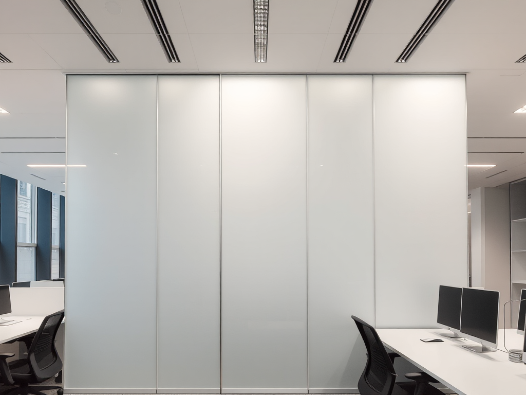 Vách thạch cao 2 mặt trong không gian văn phòng hiện đại với ánh sáng dịu nhẹ, thiết kế chuyên nghiệp và phong cách tối giản, thể hiện ứng dụng thực tế của loại vách này trong kiến trúc nội thất.