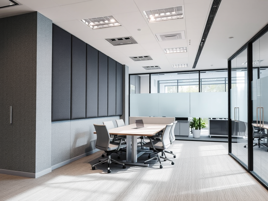 Vách thạch cao cách âm trong văn phòng hiện đại với các tấm tiêu âm và vách kính, tạo không gian làm việc yên tĩnh và chuyên nghiệp