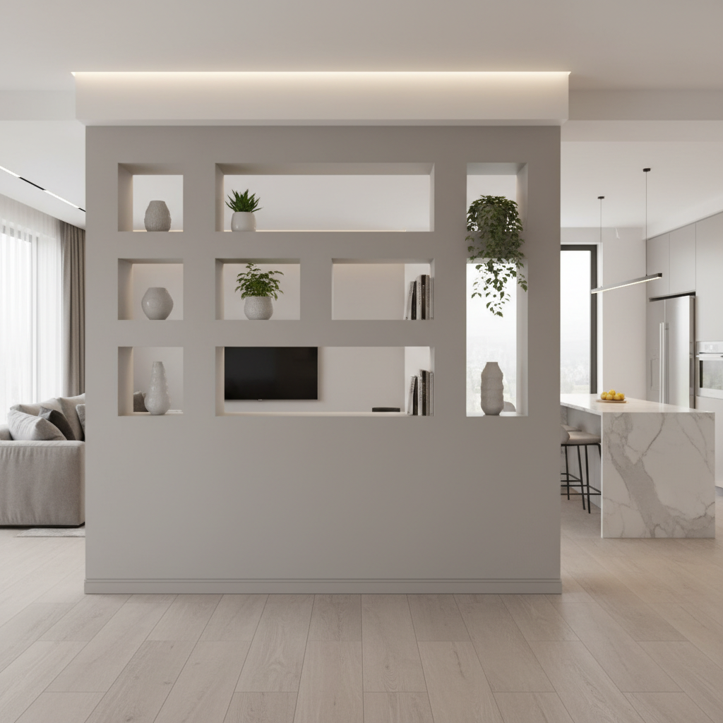 làm vách thạch cao ngăn phòng khách và bếp