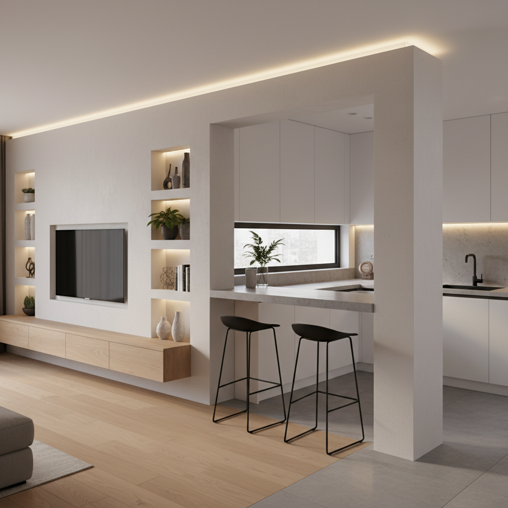 làm vách thạch cao ngăn phòng khách và bếp