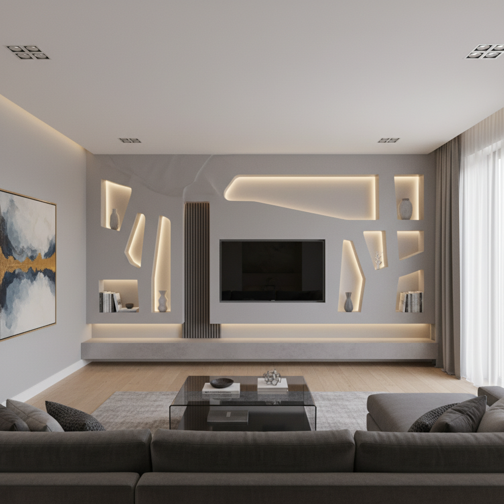 giá vách thạch cao trang trí phòng khách hiện đại